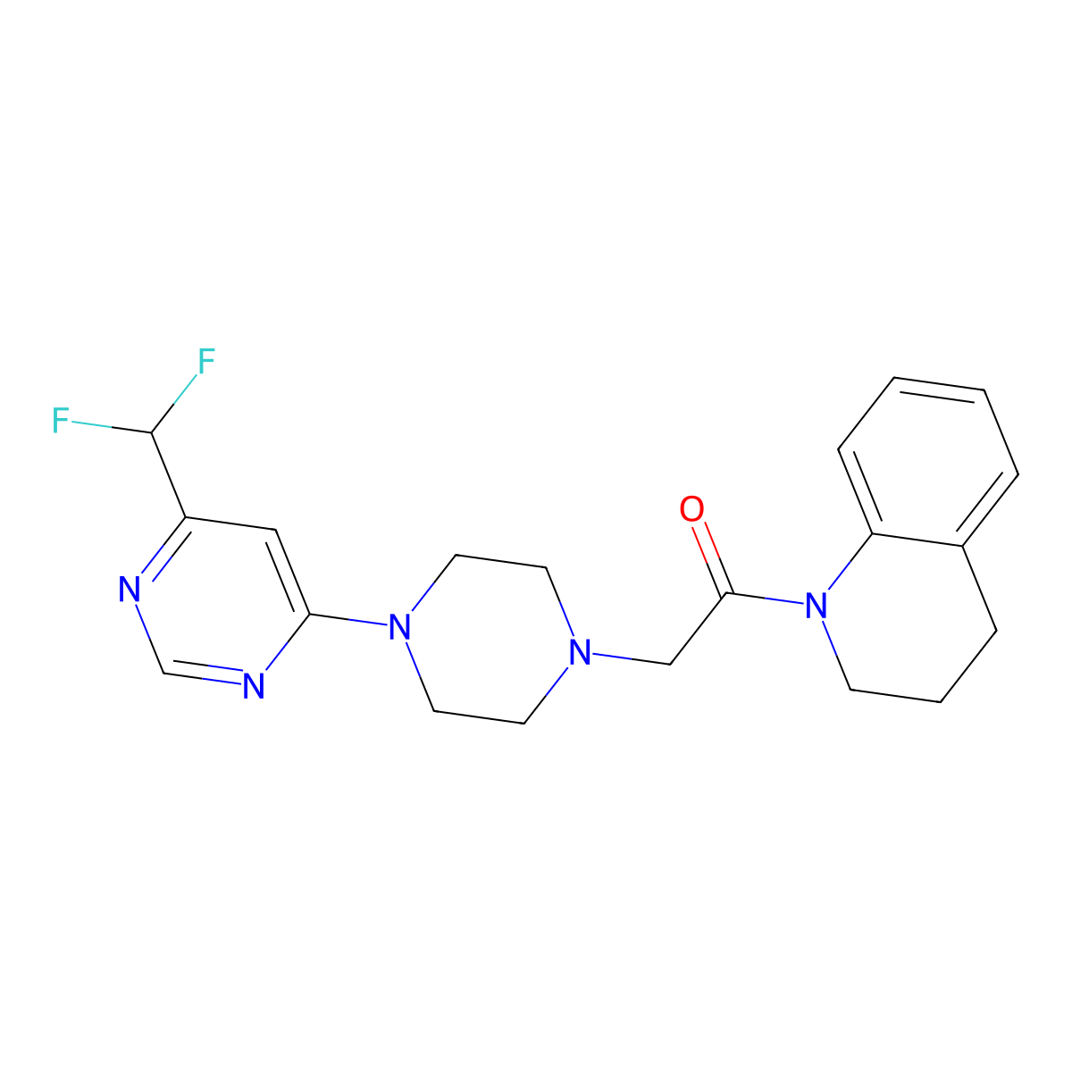 2-{4-[6-(Difluoromethyl)pyrimidin-4-yl]piperazin-1-yl}-1-(1,2,3,4-tetrahydroquinolin-1-yl)ethan-1-one molecular structure, CAS 3054570-29-2