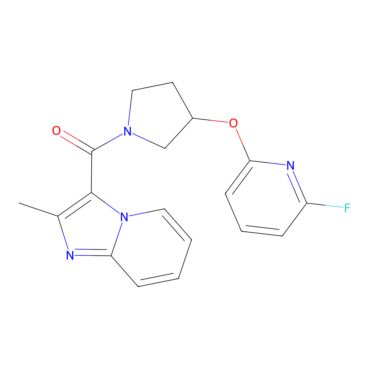 2-Fluoro-6-[(1-{2-methylimidazo[1,2-a]pyridine-3-carbonyl}pyrrolidin-3-yl)oxy]pyridine molecular structure, CAS 3054570-32-7