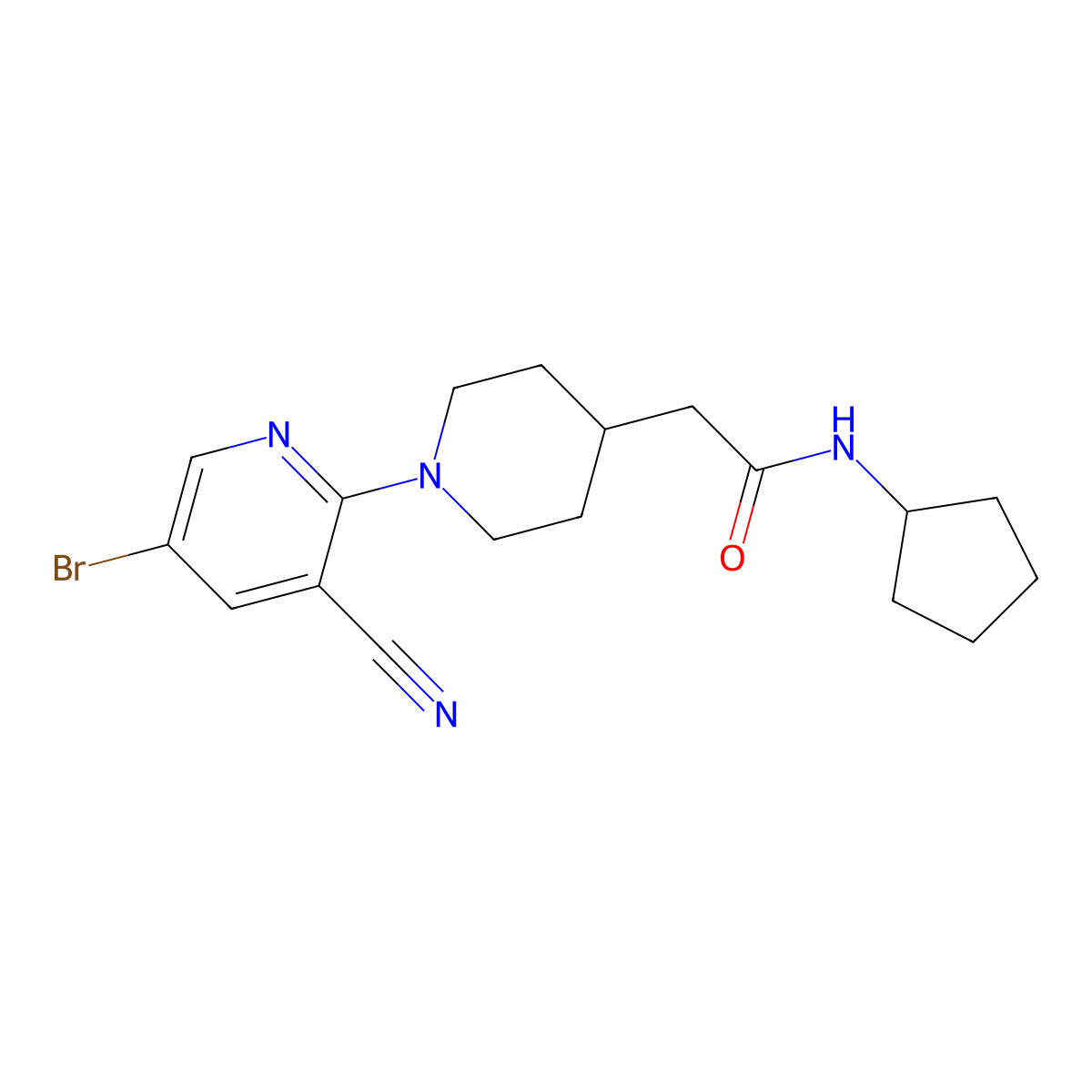 2-[1-(5-bromo-3-cyanopyridin-2-yl)piperidin-4-yl]-N-cyclopentylacetamide molecular structure, CAS 3054570-33-8