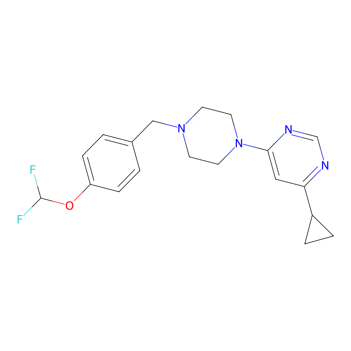 4-Cyclopropyl-6-(4-{[4-(difluoromethoxy)phenyl]methyl}piperazin-1-yl)pyrimidine molecular structure, CAS 3054570-49-6