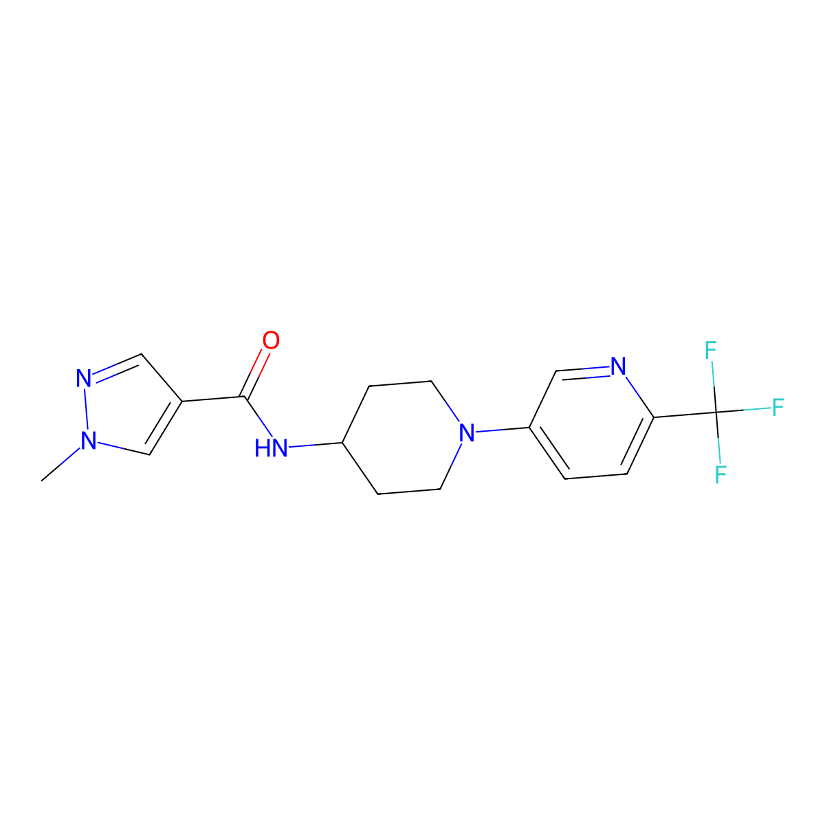 1-methyl-N-{1-[6-(trifluoromethyl)pyridin-3-yl]piperidin-4-yl}-1H-pyrazole-4-carboxamide molecular structure, CAS 3054570-51-0