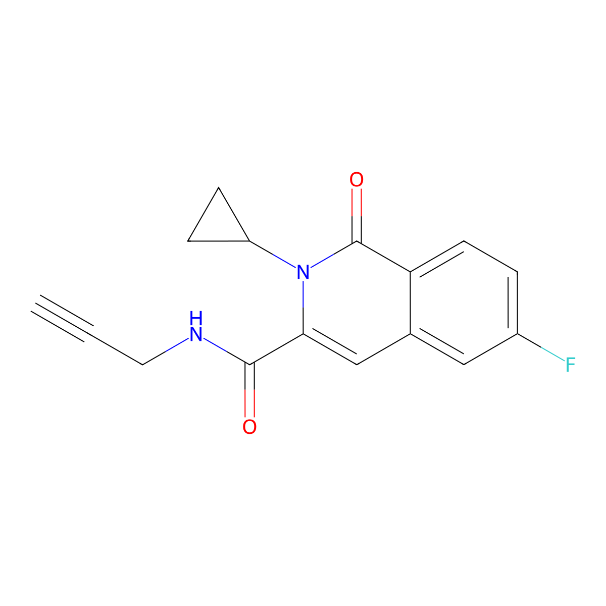 2-cyclopropyl-6-fluoro-1-oxo-N-(prop-2-yn-1-yl)-1,2-dihydroisoquinoline-3-carboxamide molecular structure, CAS 3054570-55-4