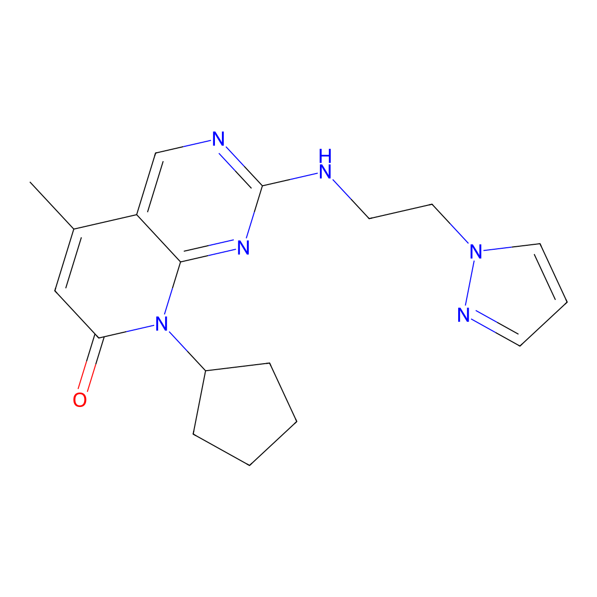 8-cyclopentyl-5-methyl-2-{[2-(1H-pyrazol-1-yl)ethyl]amino}-7H,8H-pyrido[2,3-d]pyrimidin-7-one molecular structure, CAS 3054570-58-7