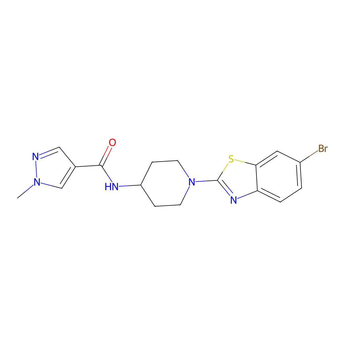 N-[1-(6-bromo-1,3-benzothiazol-2-yl)piperidin-4-yl]-1-methyl-1H-pyrazole-4-carboxamide molecular structure, CAS 3054570-60-1