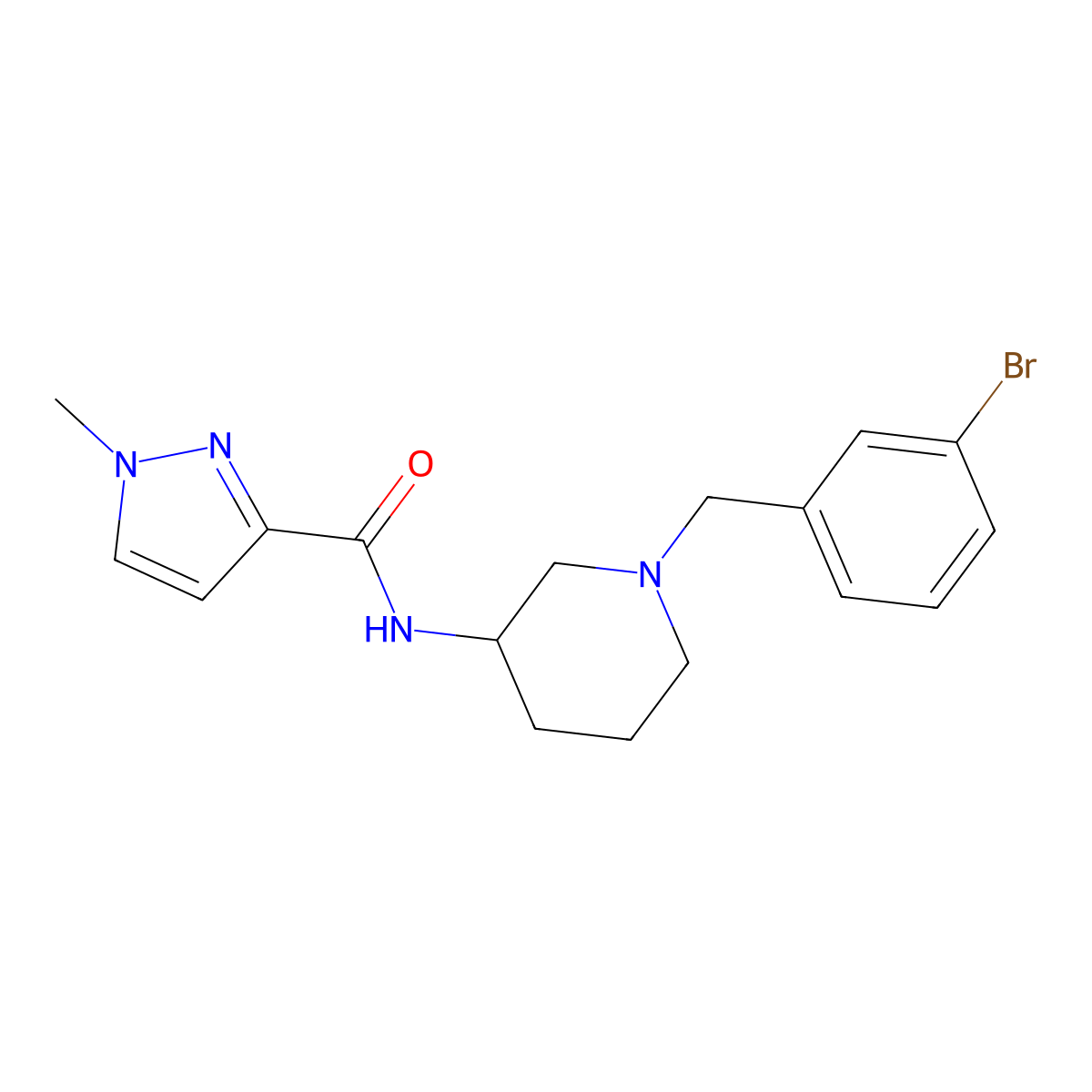 N-{1-[(3-bromophenyl)methyl]piperidin-3-yl}-1-methyl-1H-pyrazole-3-carboxamide molecular structure, CAS 3054570-64-5