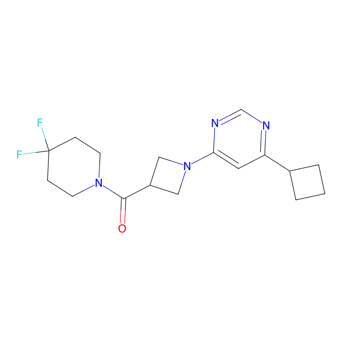4-Cyclobutyl-6-[3-(4,4-difluoropiperidine-1-carbonyl)azetidin-1-yl]pyrimidine molecular structure, CAS 3054570-69-0