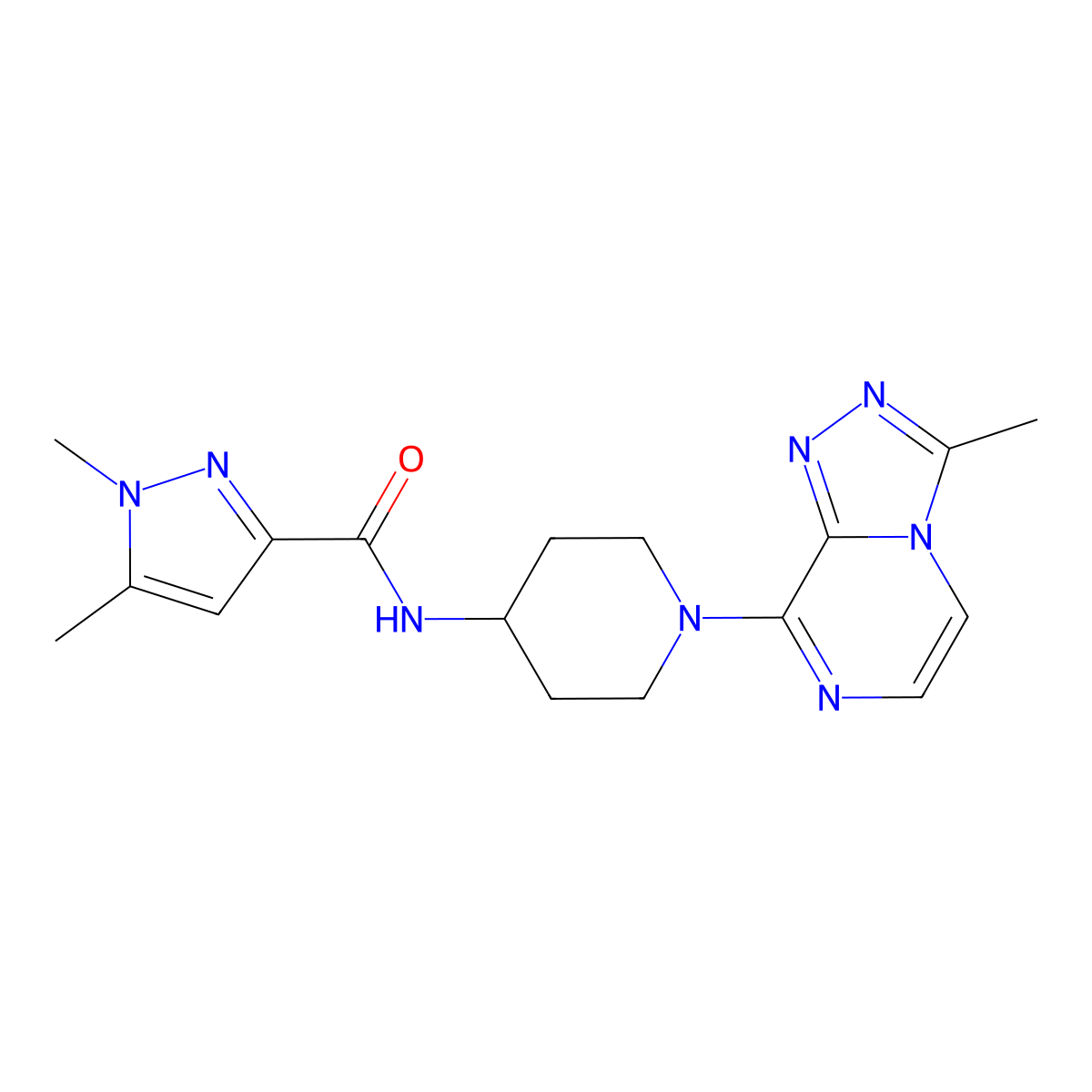 1,5-dimethyl-N-(1-{3-methyl-[1,2,4]triazolo[4,3-a]pyrazin-8-yl}piperidin-4-yl)-1H-pyrazole-3-carboxamide molecular structure, CAS 3054570-70-3