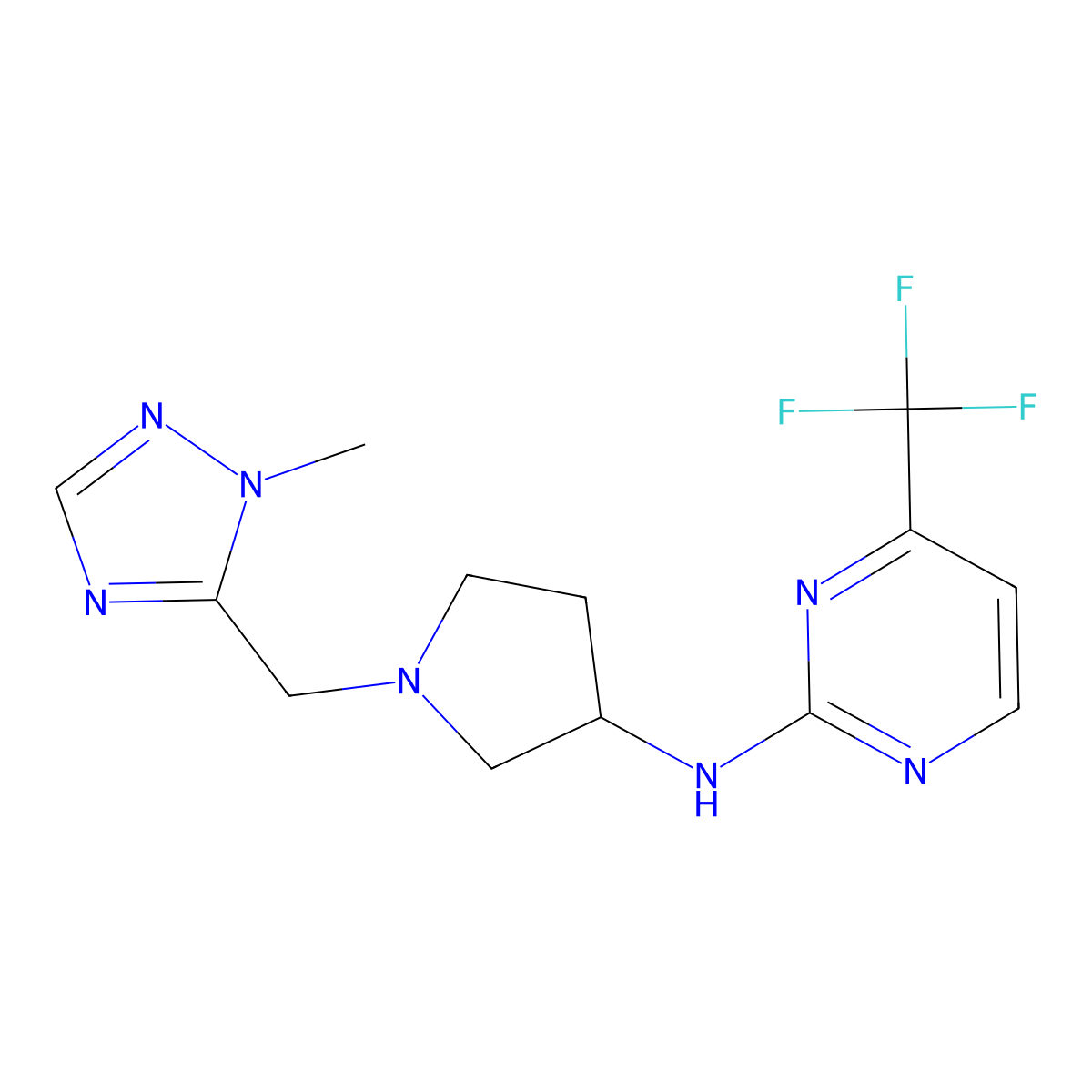 N-{1-[(1-methyl-1H-1,2,4-triazol-5-yl)methyl]pyrrolidin-3-yl}-4-(trifluoromethyl)pyrimidin-2-amine molecular structure, CAS 3054570-71-4