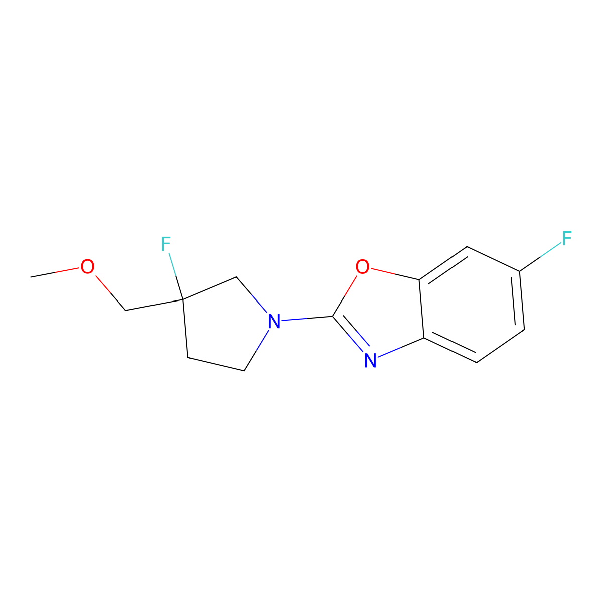 6-Fluoro-2-[3-fluoro-3-(methoxymethyl)pyrrolidin-1-yl]-1,3-benzoxazole molecular structure, CAS 3054570-75-8