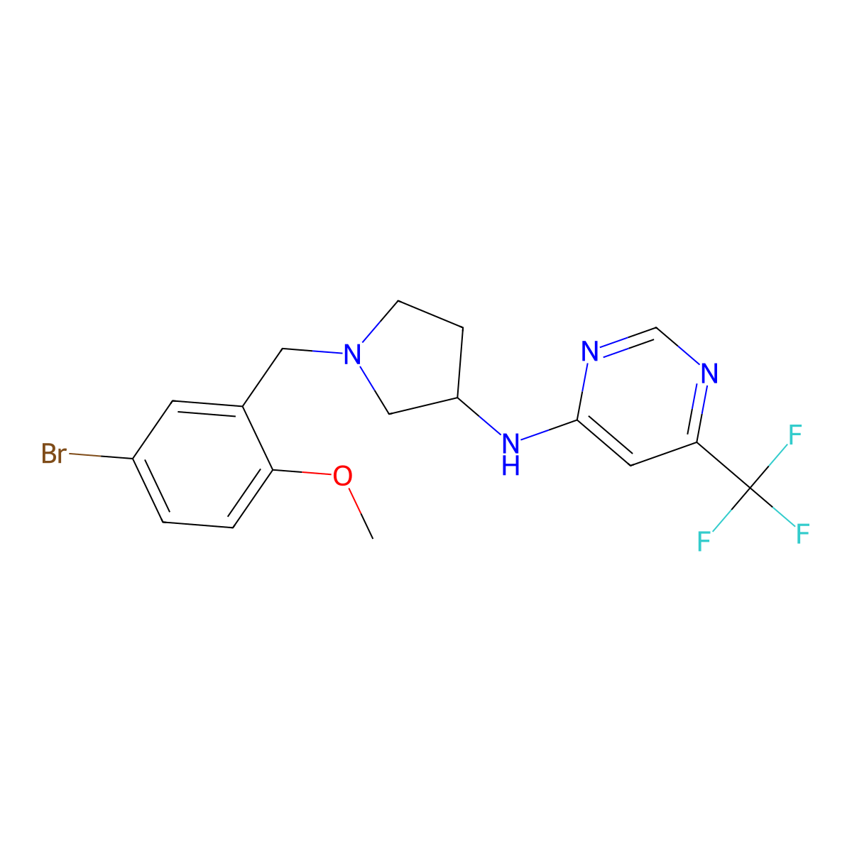 N-{1-[(5-bromo-2-methoxyphenyl)methyl]pyrrolidin-3-yl}-6-(trifluoromethyl)pyrimidin-4-amine molecular structure, CAS 3054570-91-8