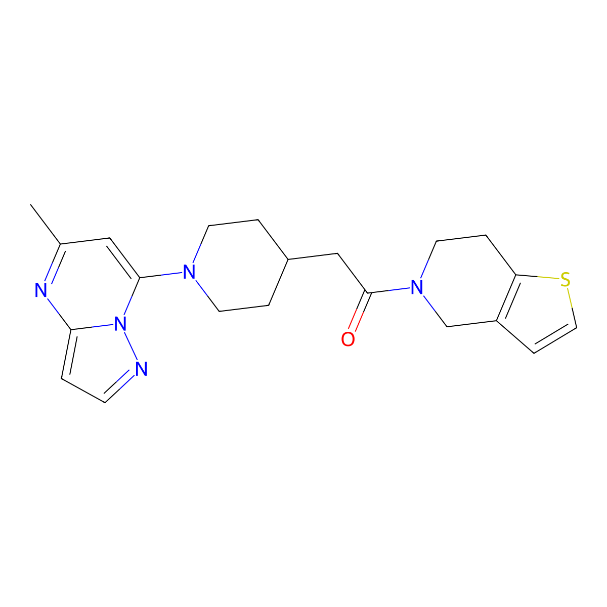 2-(1-{5-methylpyrazolo[1,5-a]pyrimidin-7-yl}piperidin-4-yl)-1-{4H,5H,6H,7H-thieno[3,2-c]pyridin-5-yl}ethan-1-one molecular structure, CAS 3054570-92-9