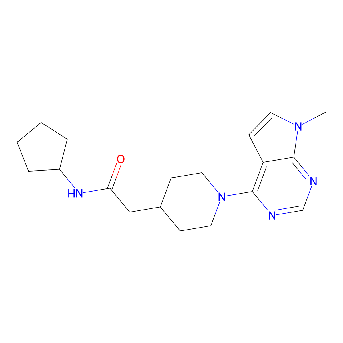 N-cyclopentyl-2-(1-{7-methyl-7H-pyrrolo[2,3-d]pyrimidin-4-yl}piperidin-4-yl)acetamide molecular structure, CAS 3054570-95-2