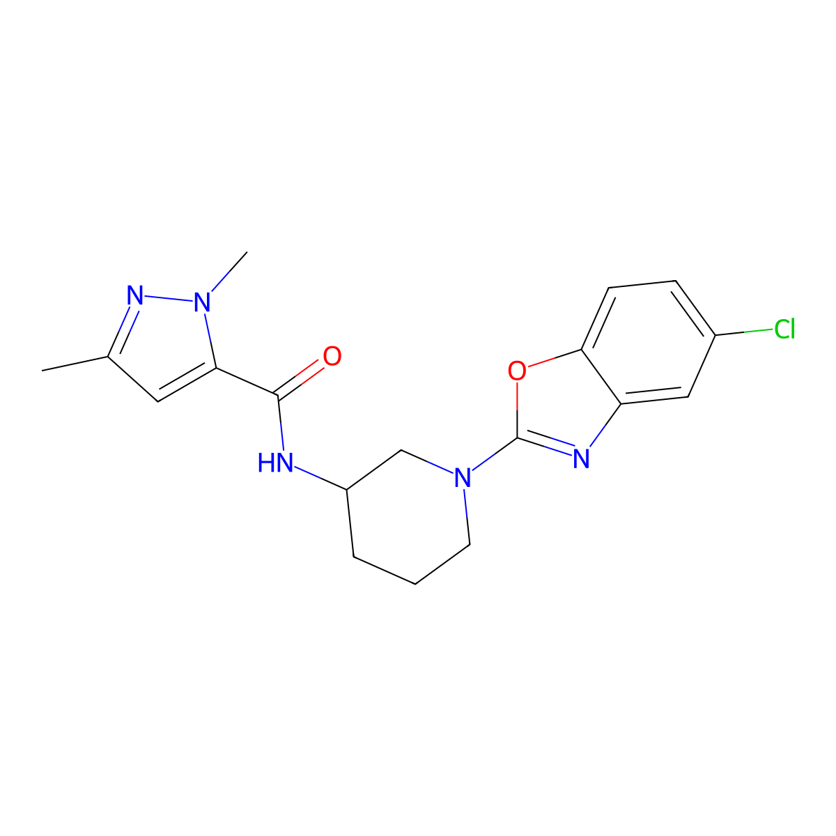 N-[1-(5-chloro-1,3-benzoxazol-2-yl)piperidin-3-yl]-1,3-dimethyl-1H-pyrazole-5-carboxamide molecular structure, CAS 3054571-17-1