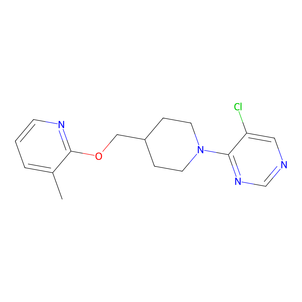 5-Chloro-4-(4-{[(3-methylpyridin-2-yl)oxy]methyl}piperidin-1-yl)pyrimidine molecular structure, CAS 3054571-20-6