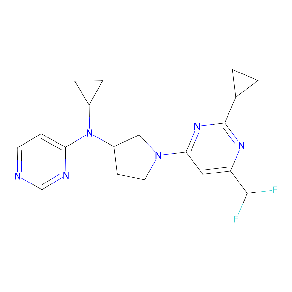 N-cyclopropyl-N-{1-[2-cyclopropyl-6-(difluoromethyl)pyrimidin-4-yl]pyrrolidin-3-yl}pyrimidin-4-amine molecular structure, CAS 3054571-32-0