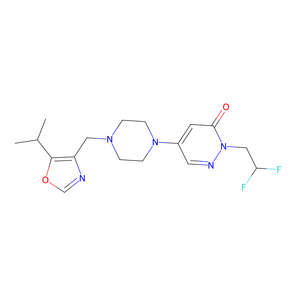 2-(2,2-Difluoroethyl)-5-(4-{[5-(propan-2-yl)-1,3-oxazol-4-yl]methyl}piperazin-1-yl)-2,3-dihydropyridazin-3-one molecular structure, CAS 3054571-35-3