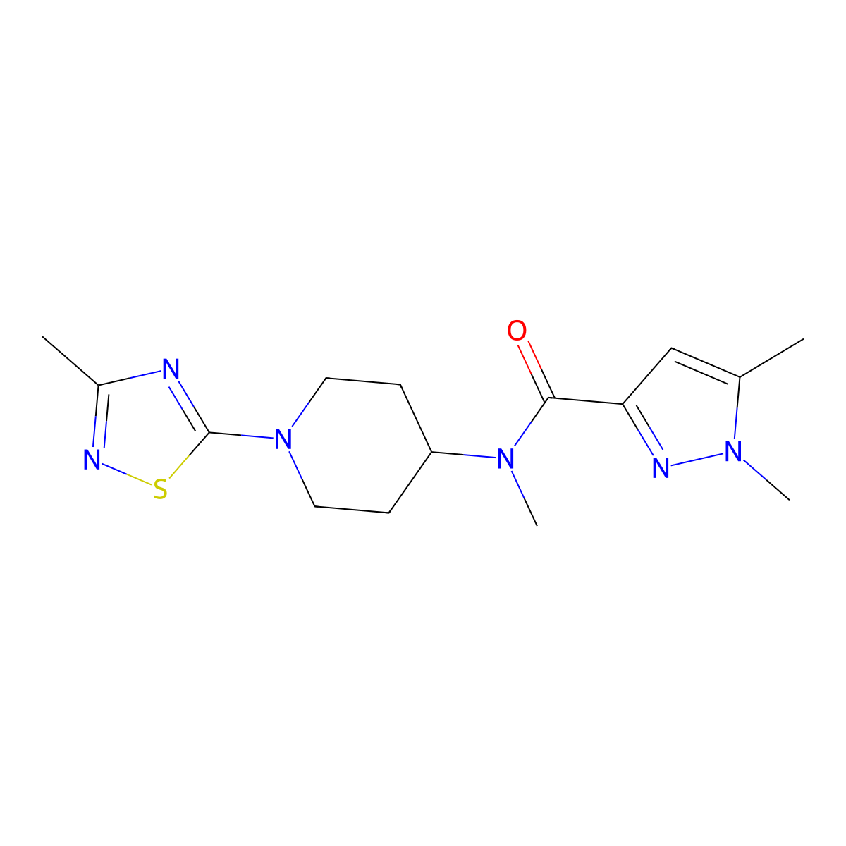 N,1,5-trimethyl-N-[1-(3-methyl-1,2,4-thiadiazol-5-yl)piperidin-4-yl]-1H-pyrazole-3-carboxamide molecular structure, CAS 3054571-41-1