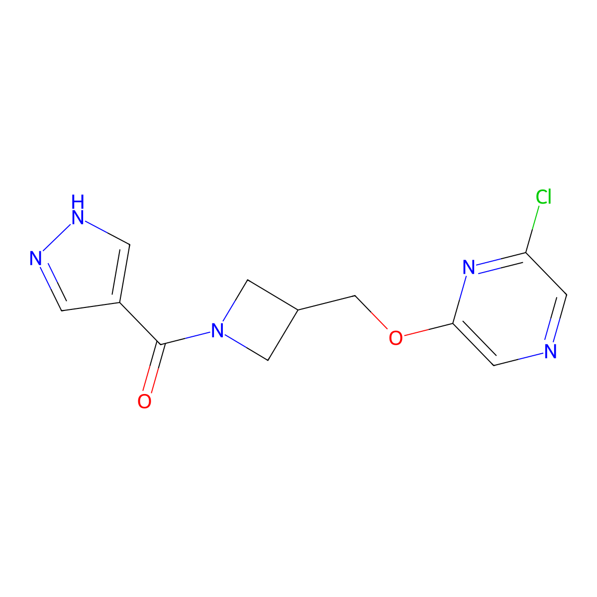2-chloro-6-{[1-(1H-pyrazole-4-carbonyl)azetidin-3-yl]methoxy}pyrazine molecular structure, CAS 3054571-42-2