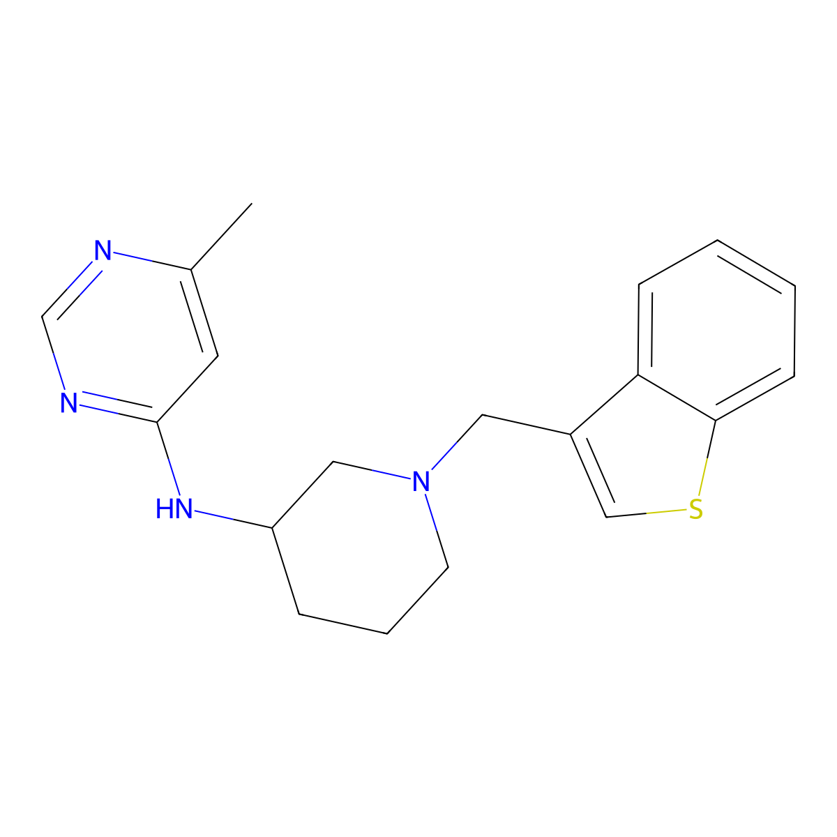 N-{1-[(1-benzothiophen-3-yl)methyl]piperidin-3-yl}-6-methylpyrimidin-4-amine molecular structure, CAS 3054571-43-3