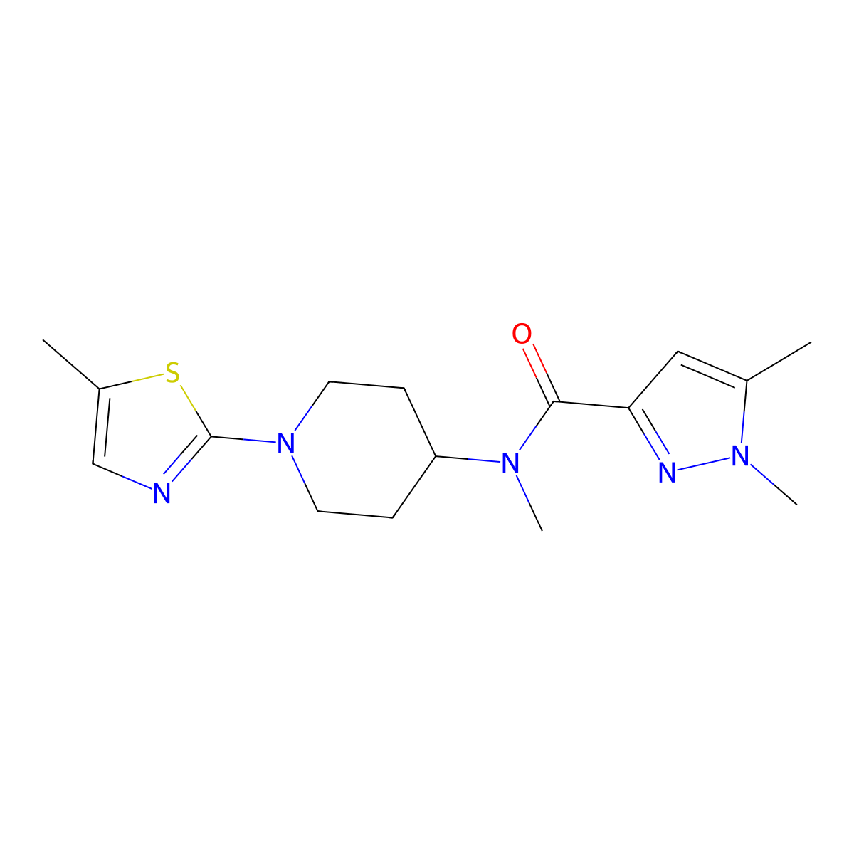 N,1,5-trimethyl-N-[1-(5-methyl-1,3-thiazol-2-yl)piperidin-4-yl]-1H-pyrazole-3-carboxamide molecular structure, CAS 3054571-51-3
