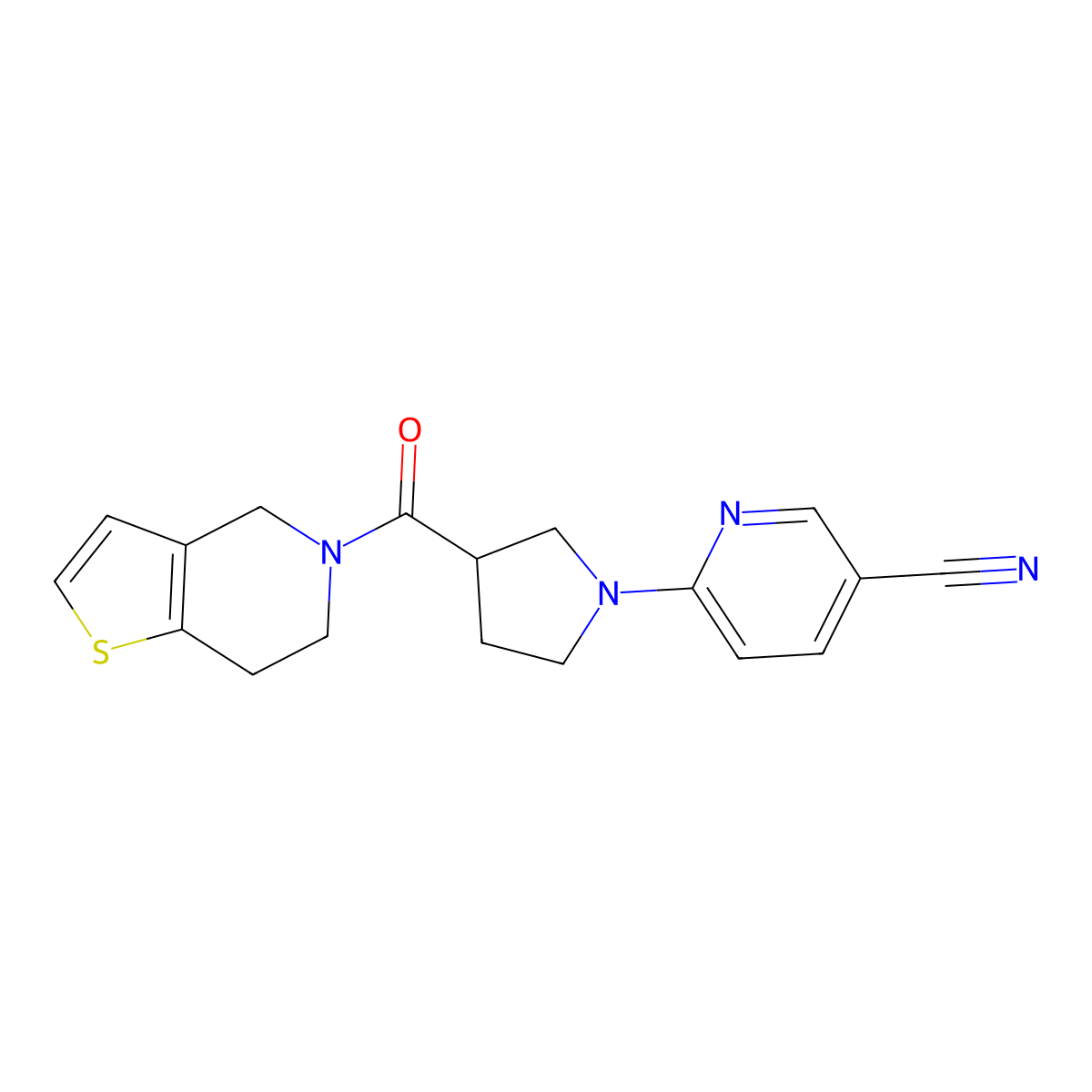 6-(3-{4H,5H,6H,7H-thieno[3,2-c]pyridine-5-carbonyl}pyrrolidin-1-yl)pyridine-3-carbonitrile molecular structure, CAS 3054571-57-9