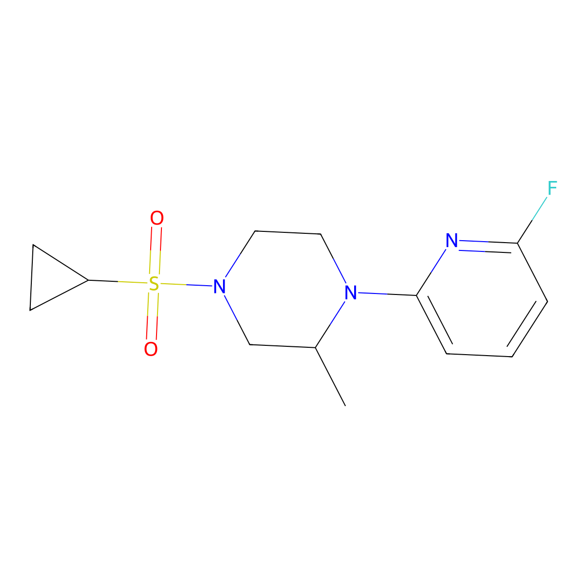 4-(Cyclopropanesulfonyl)-1-(6-fluoropyridin-2-yl)-2-methylpiperazine molecular structure, CAS 3054571-59-1