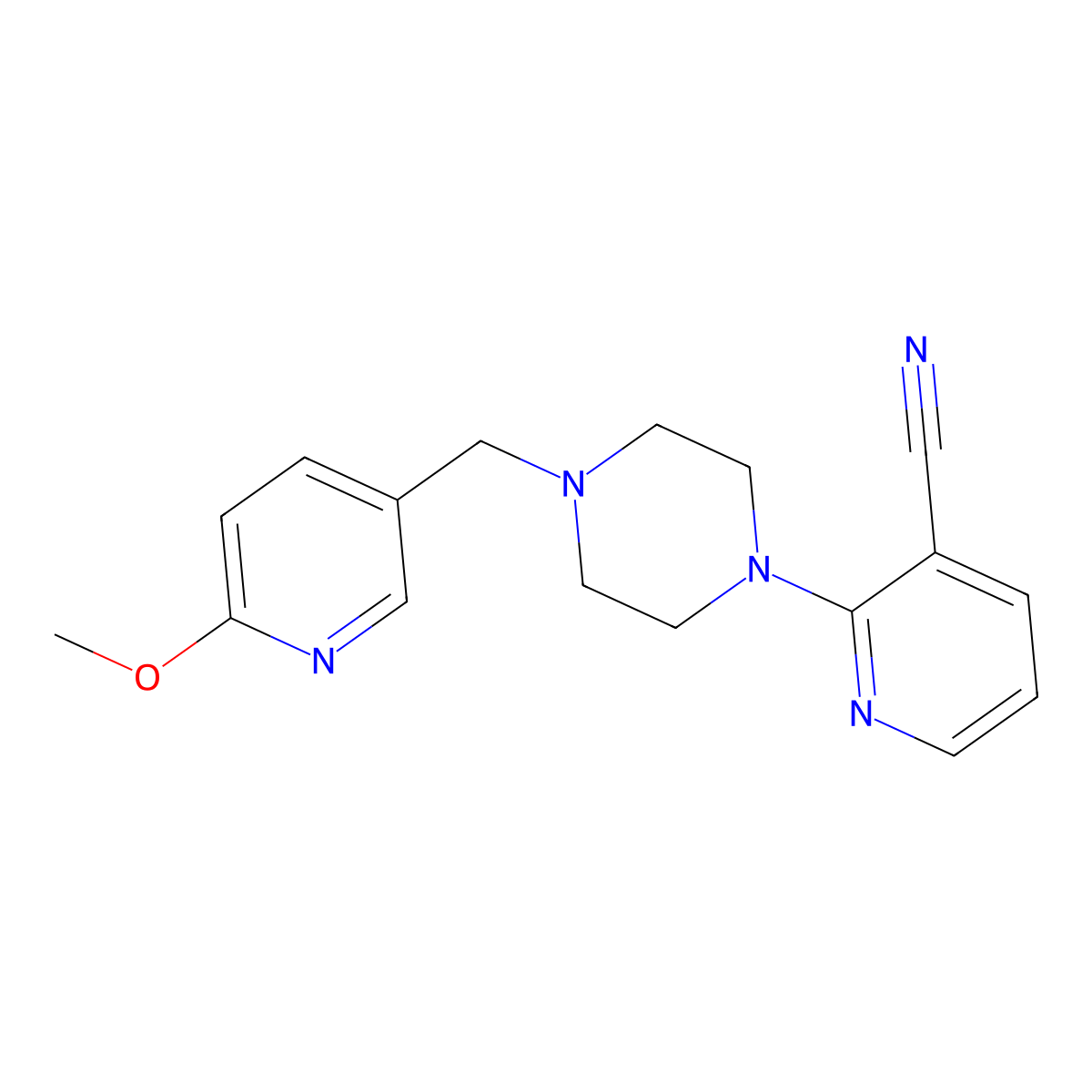 2-{4-[(6-Methoxypyridin-3-yl)methyl]piperazin-1-yl}pyridine-3-carbonitrile molecular structure, CAS 3054571-68-2