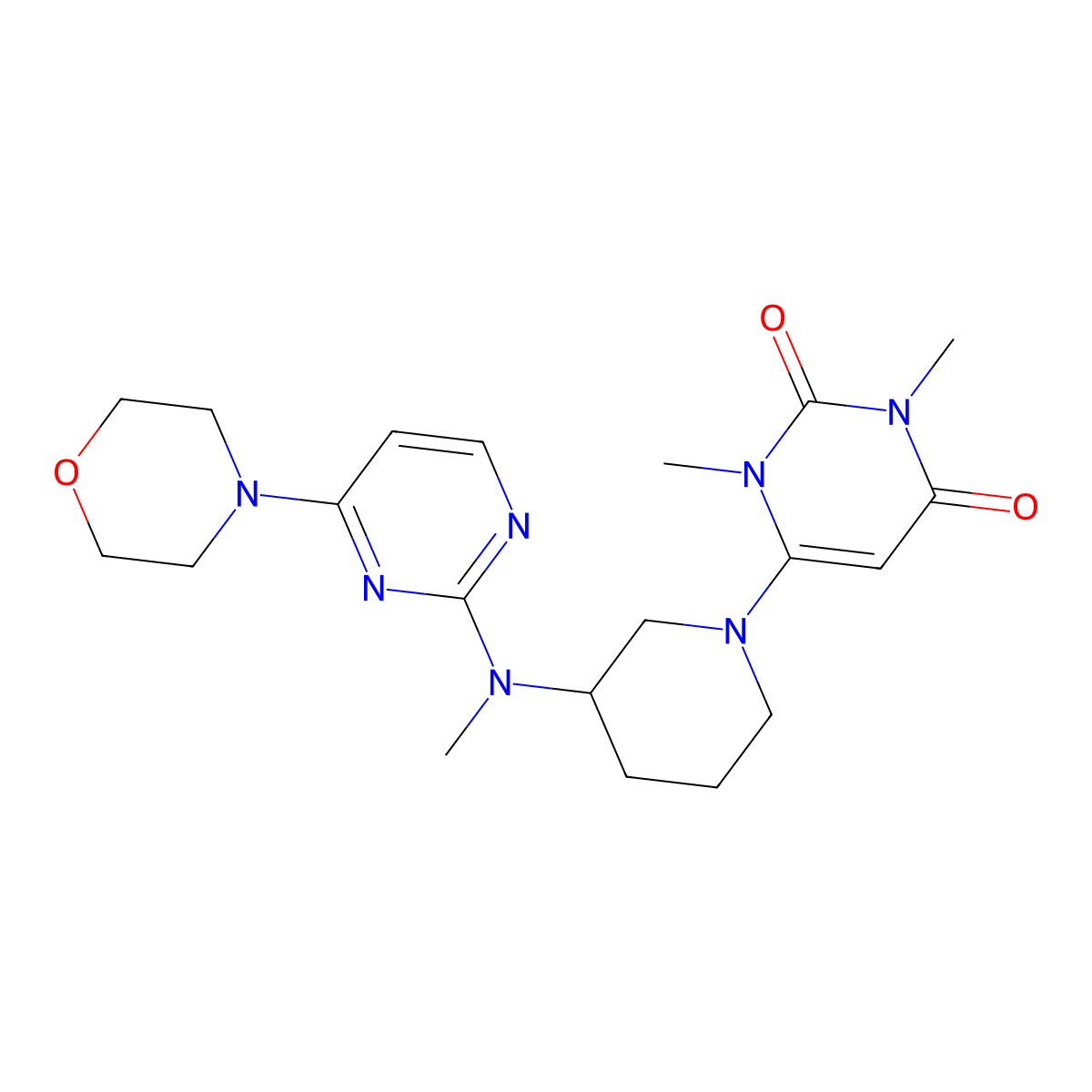 1,3-Dimethyl-6-(3-{methyl[4-(morpholin-4-yl)pyrimidin-2-yl]amino}piperidin-1-yl)-1,2,3,4-tetrahydropyrimidine-2,4-dione molecular structure, CAS 3054571-74-0