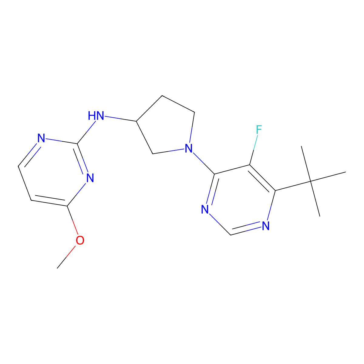 N-[1-(6-tert-butyl-5-fluoropyrimidin-4-yl)pyrrolidin-3-yl]-4-methoxypyrimidin-2-amine molecular structure, CAS 3054571-80-8