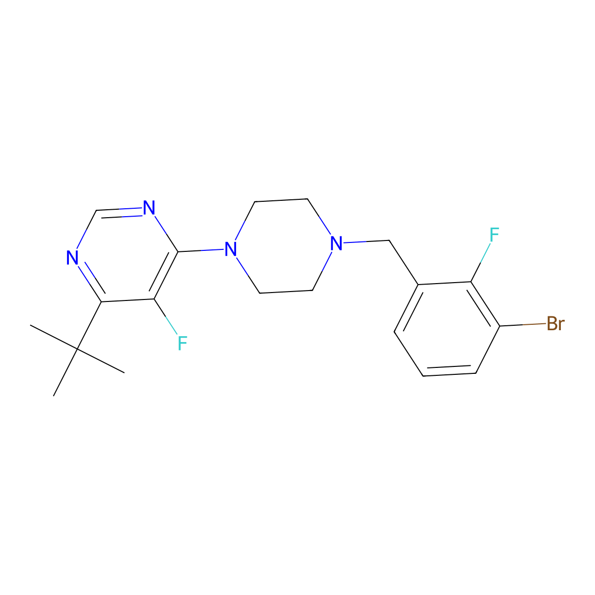 4-{4-[(3-Bromo-2-fluorophenyl)methyl]piperazin-1-yl}-6-tert-butyl-5-fluoropyrimidine molecular structure, CAS 3054571-88-6
