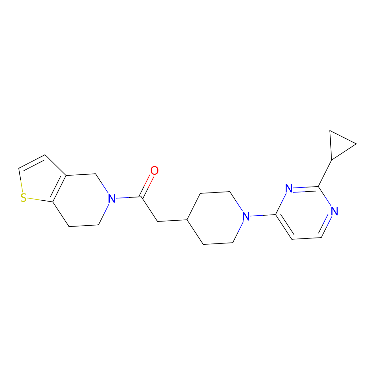 2-[1-(2-cyclopropylpyrimidin-4-yl)piperidin-4-yl]-1-{4H,5H,6H,7H-thieno[3,2-c]pyridin-5-yl}ethan-1-one molecular structure, CAS 3054571-89-7