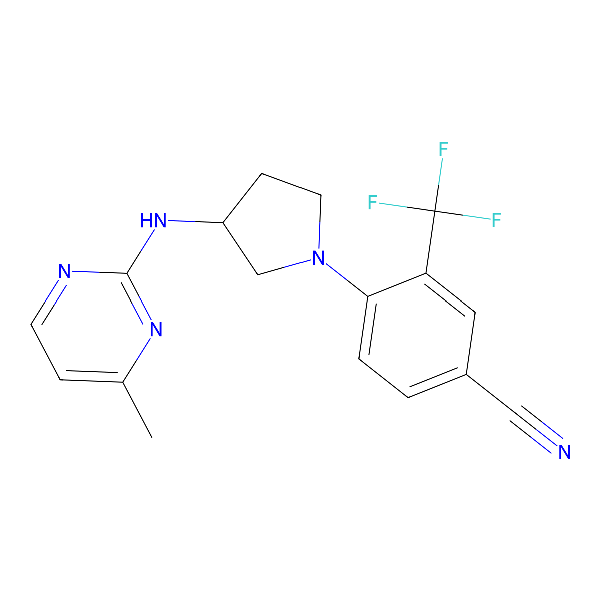 4-{3-[(4-Methylpyrimidin-2-yl)amino]pyrrolidin-1-yl}-3-(trifluoromethyl)benzonitrile molecular structure, CAS 3054571-91-1