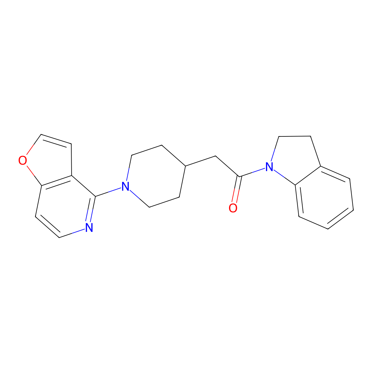 1-(2,3-dihydro-1H-indol-1-yl)-2-(1-{furo[3,2-c]pyridin-4-yl}piperidin-4-yl)ethan-1-one molecular structure, CAS 3054572-00-5
