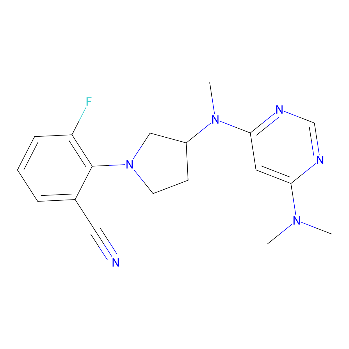 2-(3-{[6-(Dimethylamino)pyrimidin-4-yl](methyl)amino}pyrrolidin-1-yl)-3-fluorobenzonitrile molecular structure, CAS 3054572-01-6