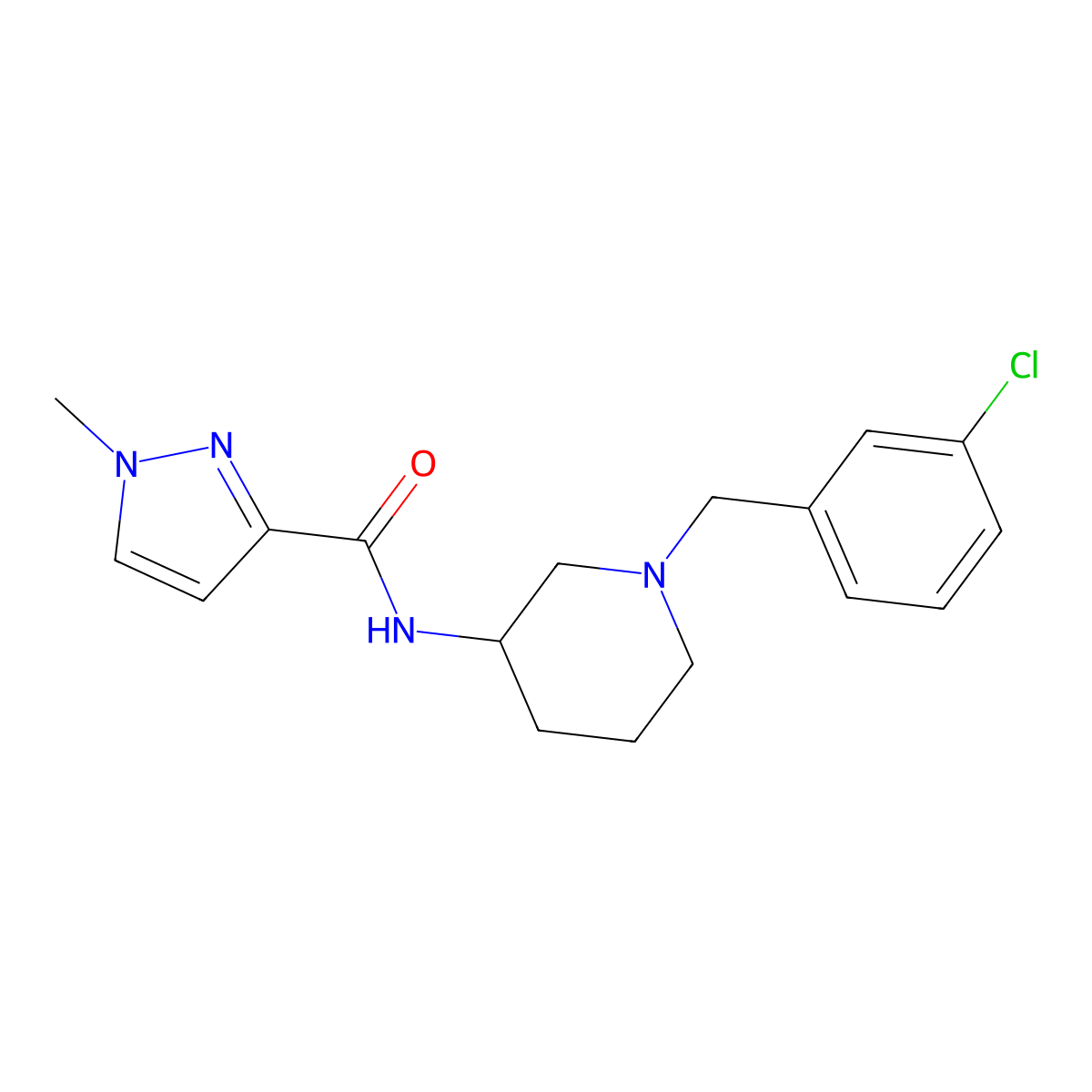 N-{1-[(3-chlorophenyl)methyl]piperidin-3-yl}-1-methyl-1H-pyrazole-3-carboxamide molecular structure, CAS 3054572-07-2