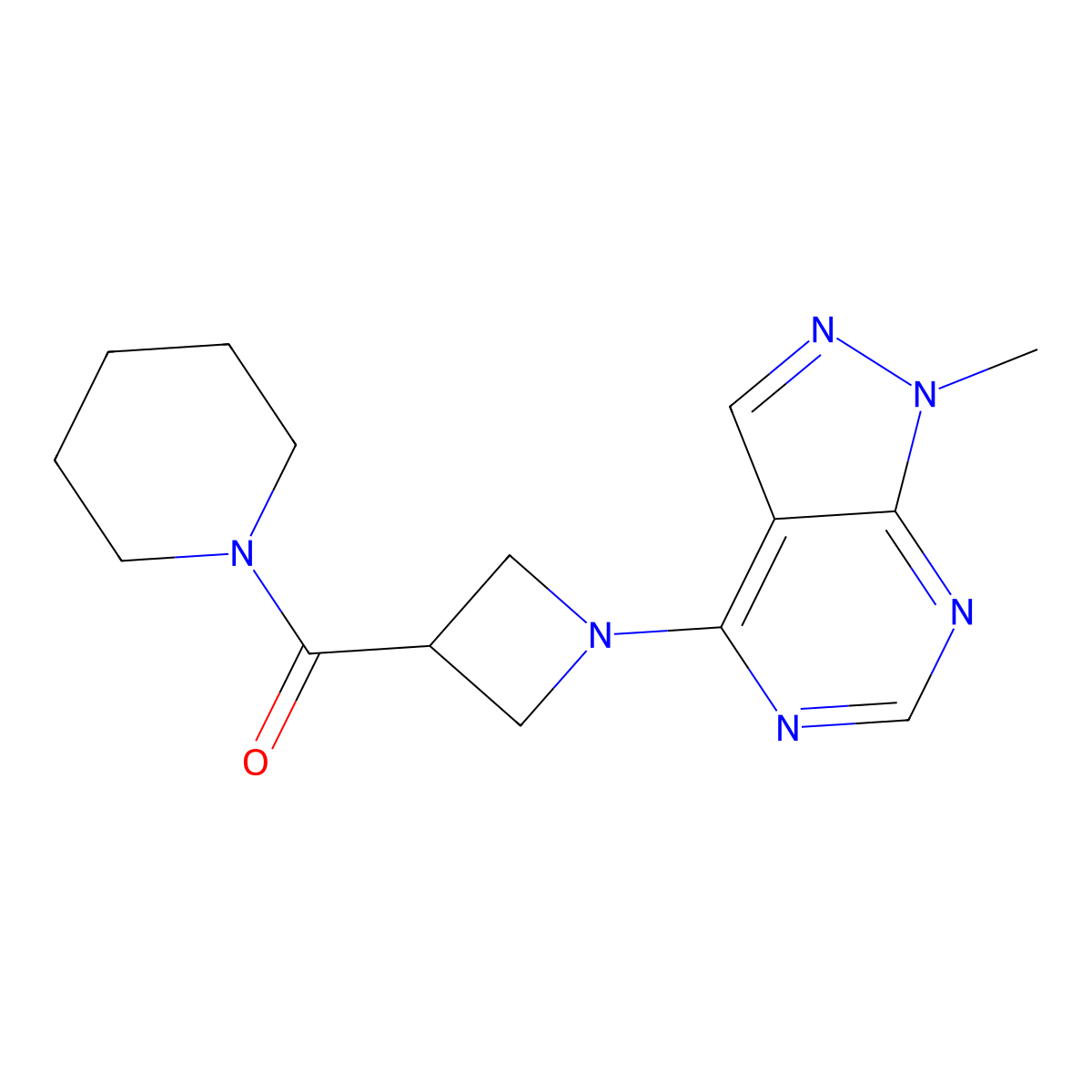 1-(1-{1-methyl-1H-pyrazolo[3,4-d]pyrimidin-4-yl}azetidine-3-carbonyl)piperidine molecular structure, CAS 3054572-10-7