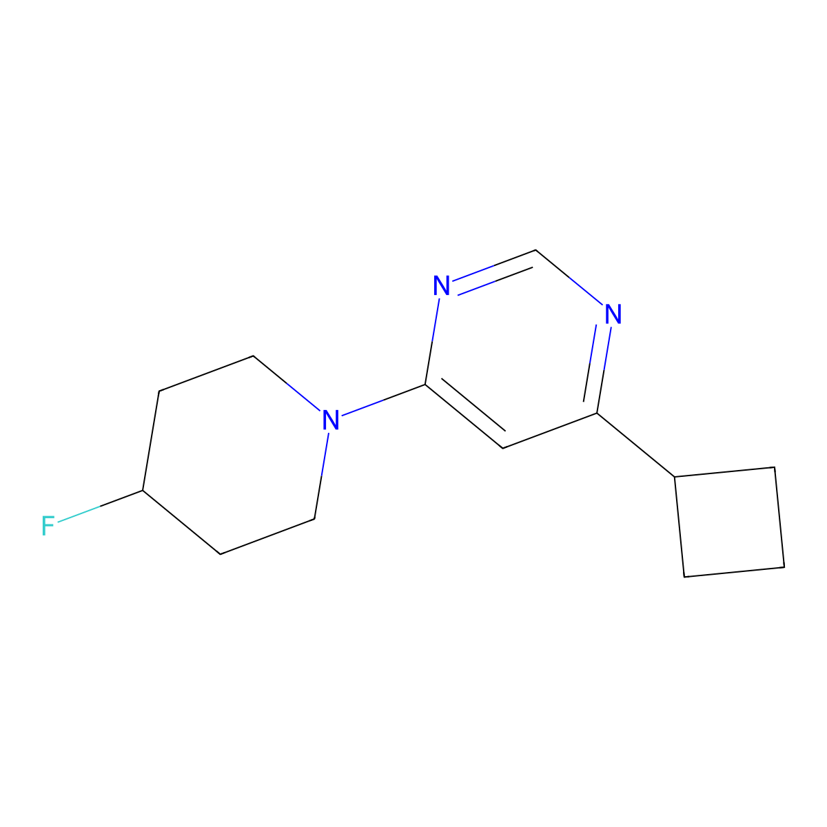 4-Cyclobutyl-6-(4-fluoropiperidin-1-yl)pyrimidine molecular structure, CAS 3054572-24-3