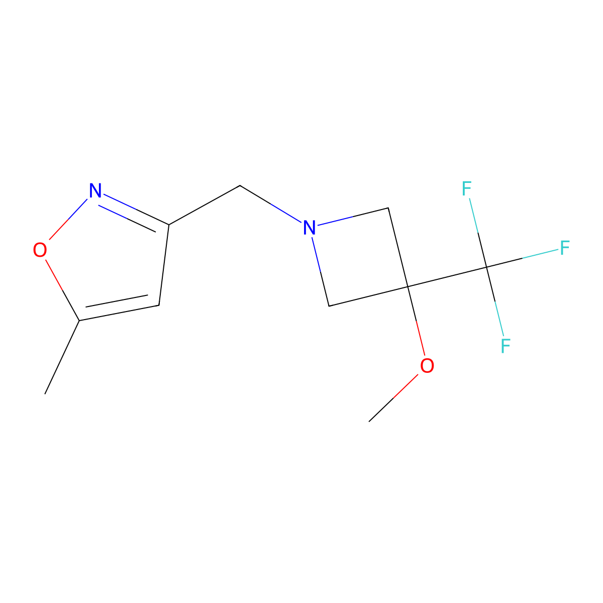 3-{[3-Methoxy-3-(trifluoromethyl)azetidin-1-yl]methyl}-5-methyl-1,2-oxazole molecular structure, CAS 3054572-26-5