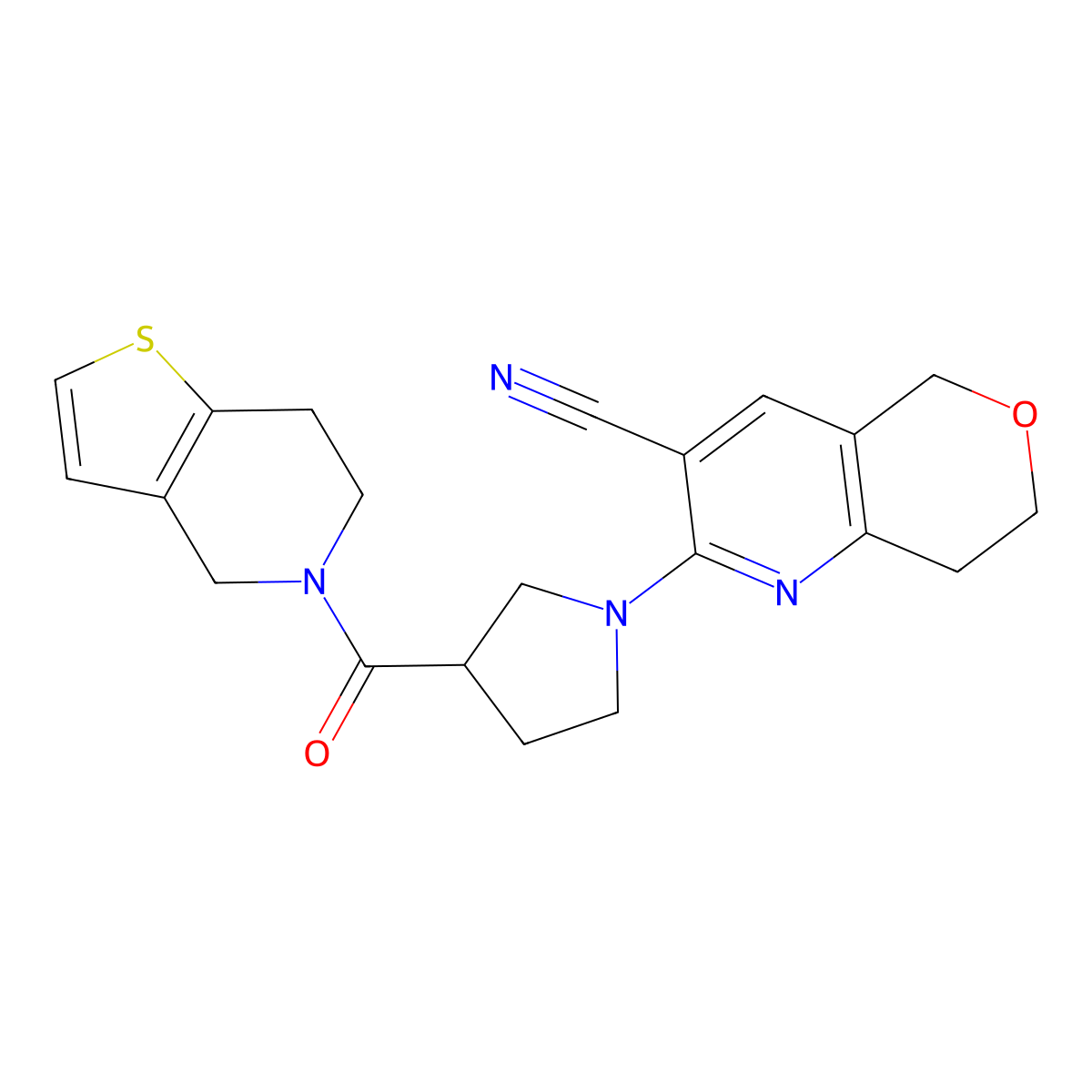 2-(3-{4H,5H,6H,7H-thieno[3,2-c]pyridine-5-carbonyl}pyrrolidin-1-yl)-5H,7H,8H-pyrano[4,3-b]pyridine-3-carbonitrile molecular structure, CAS 3054572-29-8