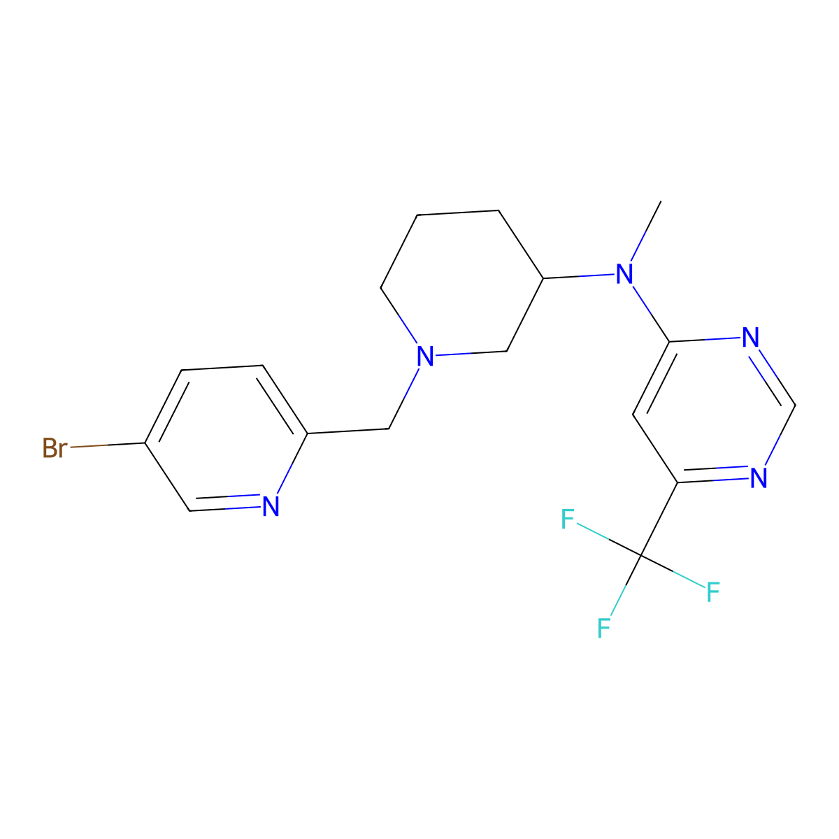 N-{1-[(5-bromopyridin-2-yl)methyl]piperidin-3-yl}-N-methyl-6-(trifluoromethyl)pyrimidin-4-amine molecular structure, CAS 3054572-32-3