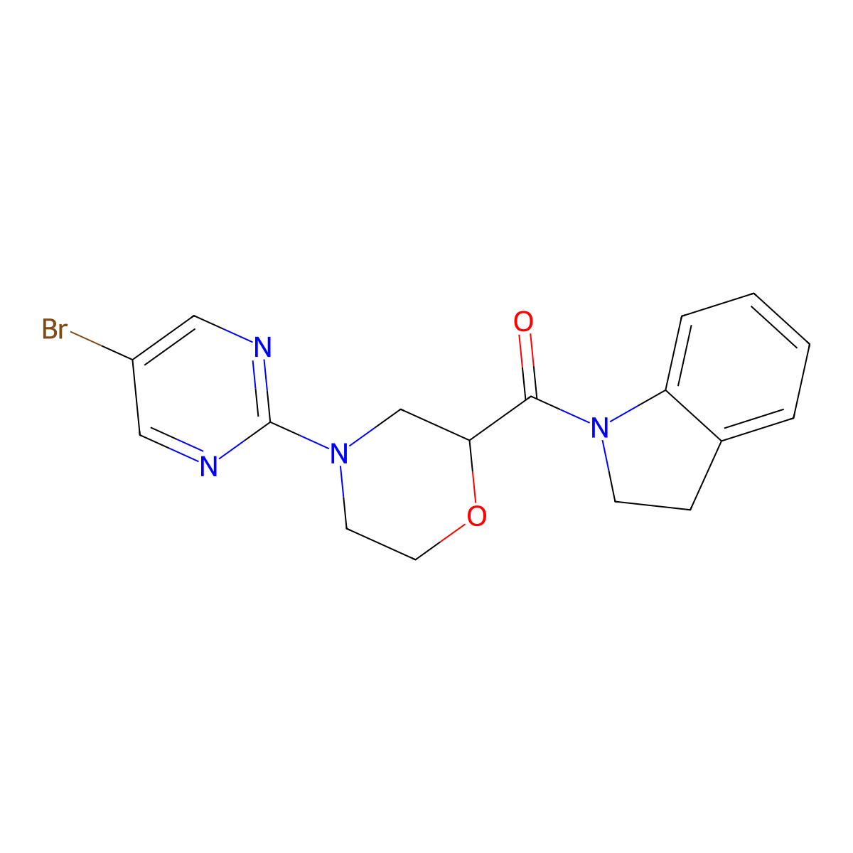 [4-(5-Bromopyrimidin-2-yl)morpholin-2-yl]-(2,3-dihydroindol-1-yl)methanone molecular structure, CAS 3054572-35-6