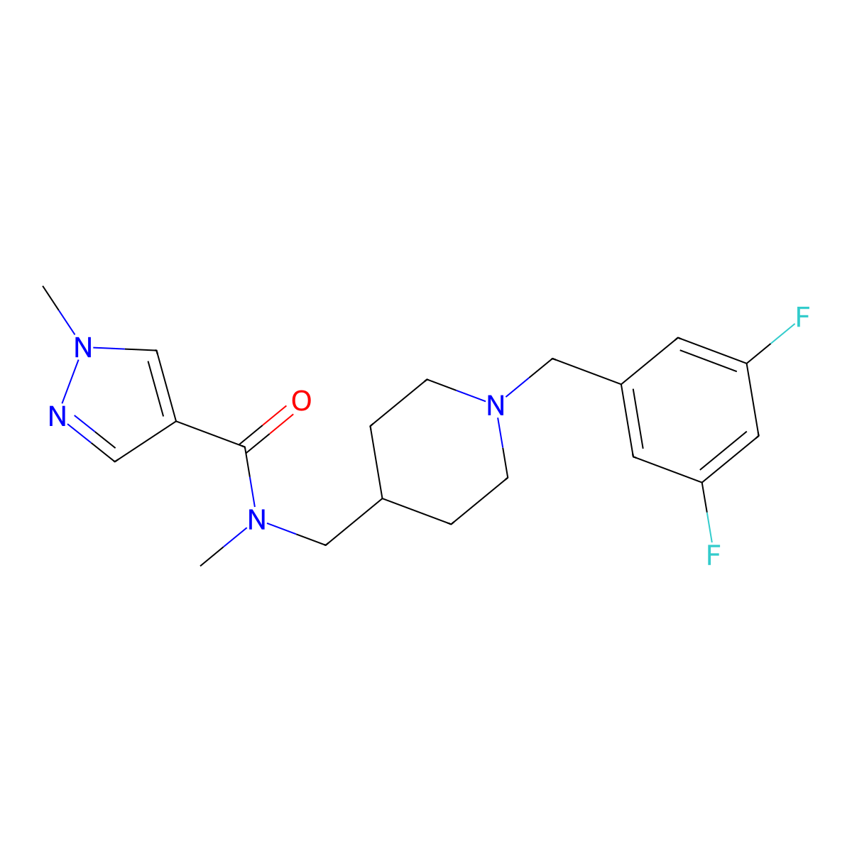N-[[1-[(3,5-difluorophenyl)methyl]piperidin-4-yl]methyl]-N,1-dimethylpyrazole-4-carboxamide molecular structure, CAS 3054572-37-8