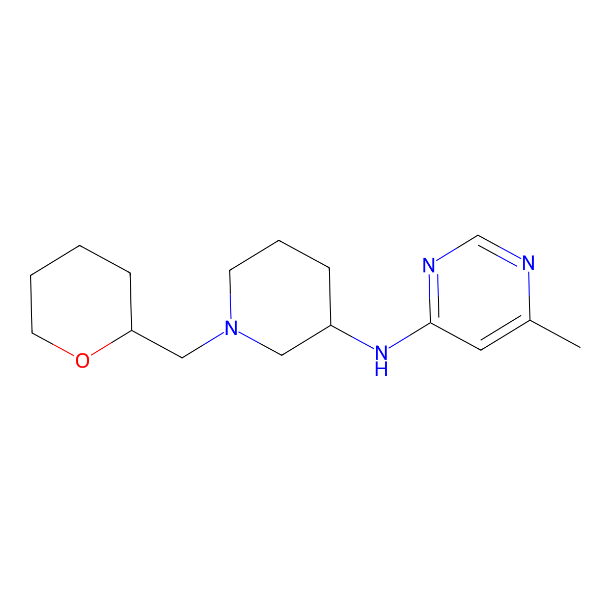 6-methyl-N-{1-[(oxan-2-yl)methyl]piperidin-3-yl}pyrimidin-4-amine molecular structure, CAS 3054572-41-4