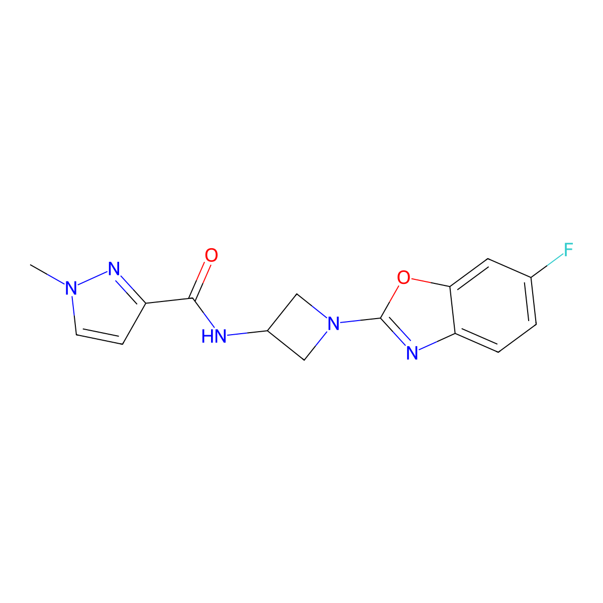 N-[1-(6-fluoro-1,3-benzoxazol-2-yl)azetidin-3-yl]-1-methyl-1H-pyrazole-3-carboxamide molecular structure, CAS 3054572-56-1