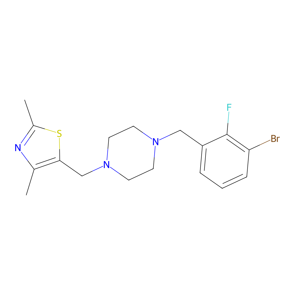1-[(3-Bromo-2-fluorophenyl)methyl]-4-[(2,4-dimethyl-1,3-thiazol-5-yl)methyl]piperazine molecular structure, CAS 3054572-57-2
