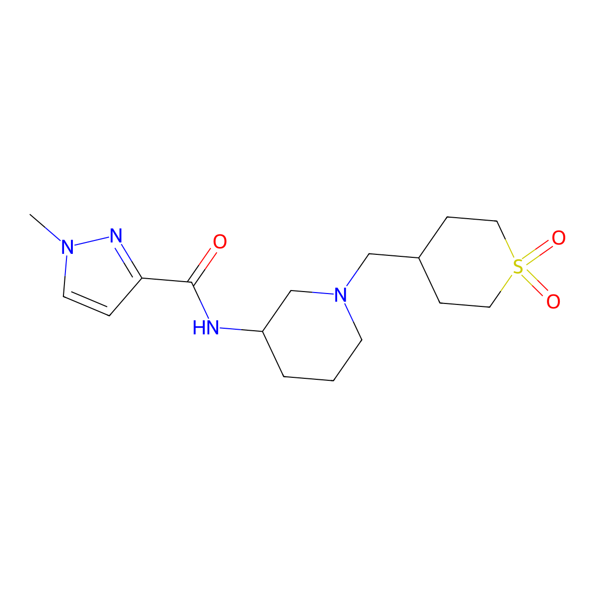 N-{1-[(1,1-dioxo-1lambda-thian-4-yl)methyl]piperidin-3-yl}-1-methyl-1H-pyrazole-3-carboxamide molecular structure, CAS 3054572-75-4