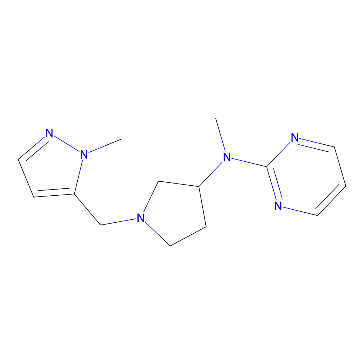N-methyl-N-{1-[(1-methyl-1H-pyrazol-5-yl)methyl]pyrrolidin-3-yl}pyrimidin-2-amine molecular structure, CAS 3054572-77-6
