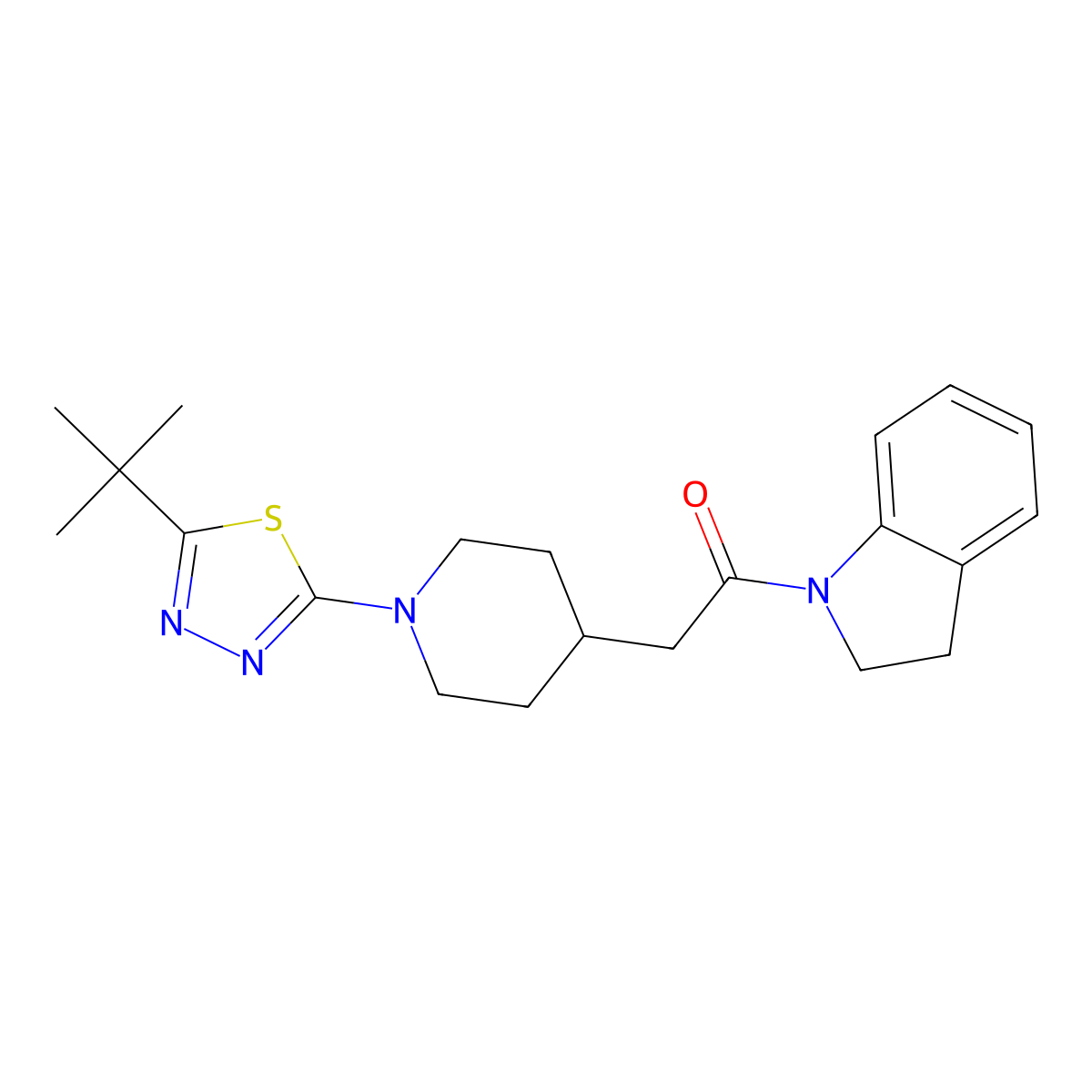 2-[1-(5-tert-butyl-1,3,4-thiadiazol-2-yl)piperidin-4-yl]-1-(2,3-dihydro-1H-indol-1-yl)ethan-1-one molecular structure, CAS 3054572-87-8