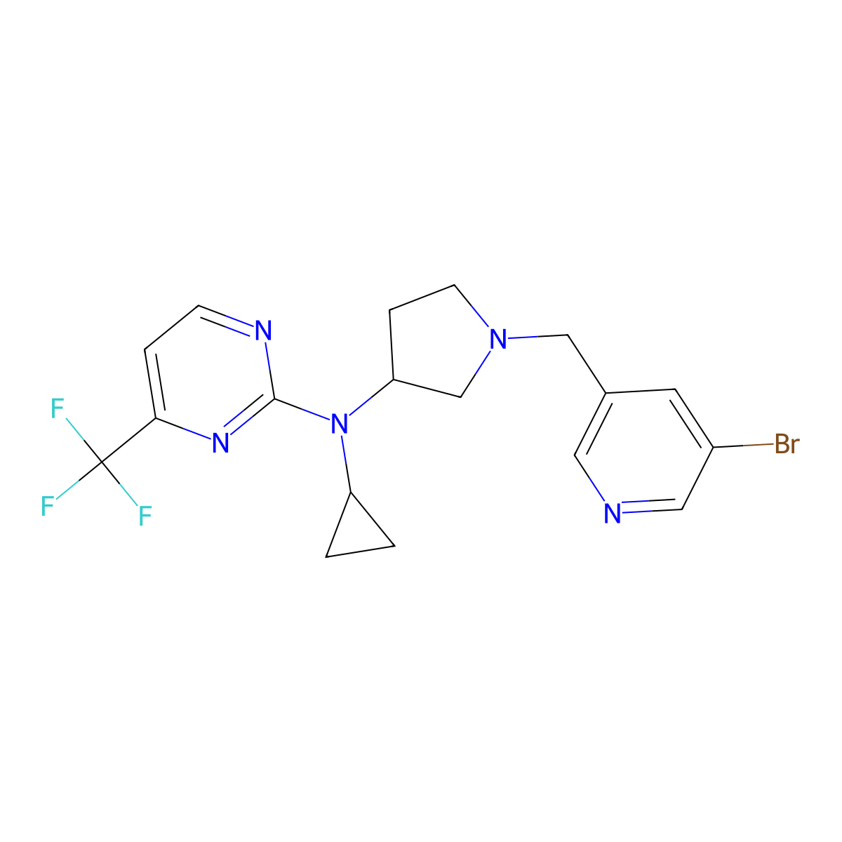 N-{1-[(5-bromopyridin-3-yl)methyl]pyrrolidin-3-yl}-N-cyclopropyl-4-(trifluoromethyl)pyrimidin-2-amine molecular structure, CAS 3054572-88-9