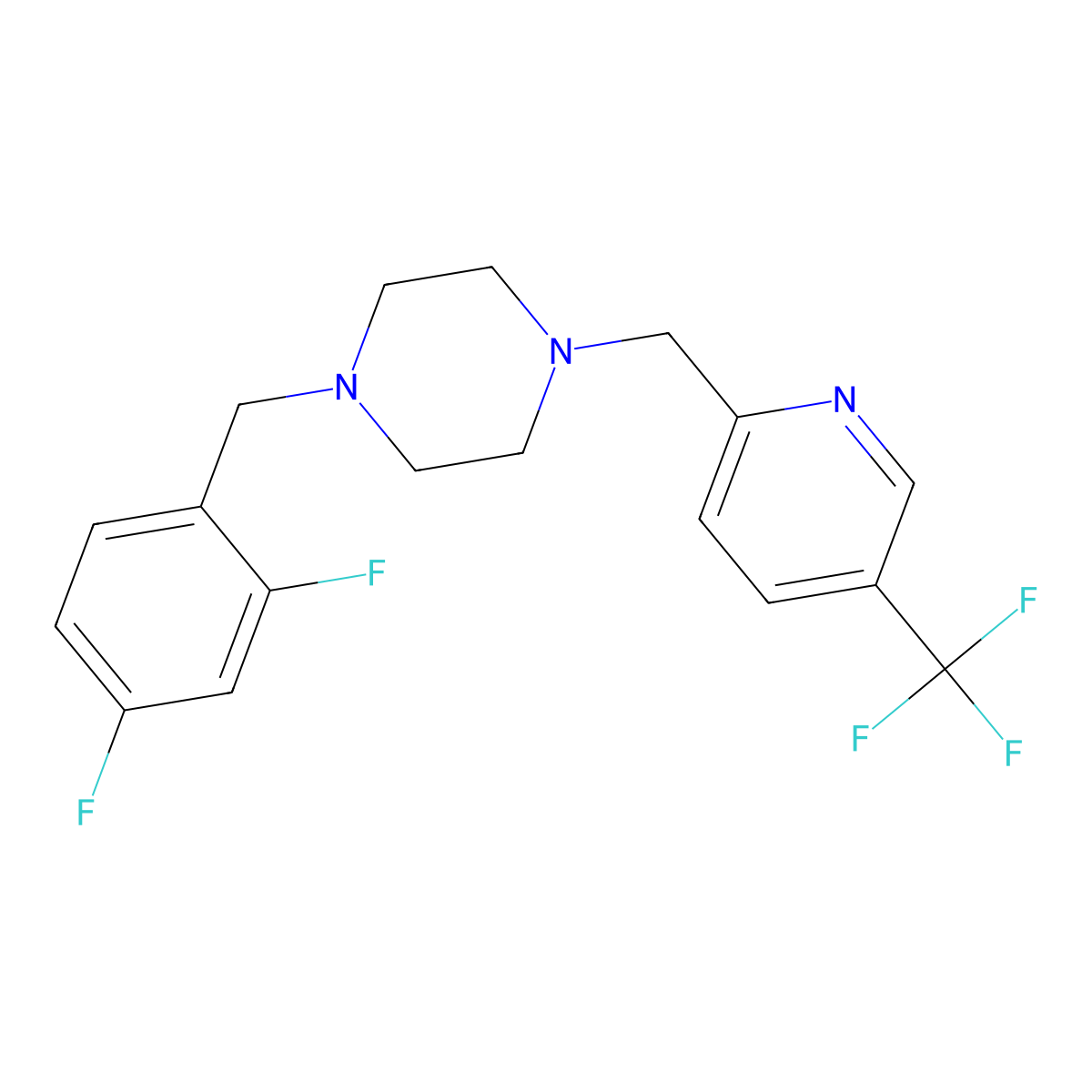 1-[(2,4-Difluorophenyl)methyl]-4-{[5-(trifluoromethyl)pyridin-2-yl]methyl}piperazine molecular structure, CAS 3054572-94-7